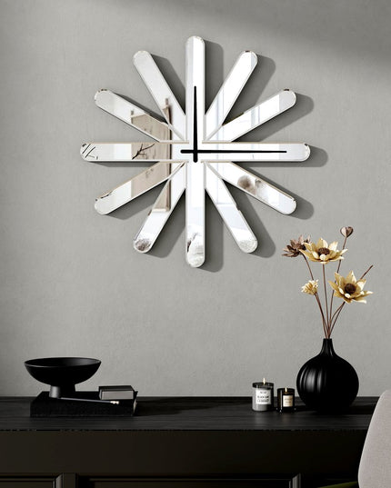 26" Silver Mirrored Glass Silent Analog Starburst Wall Clock