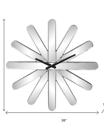 26" Silver Mirrored Glass Silent Analog Starburst Wall Clock