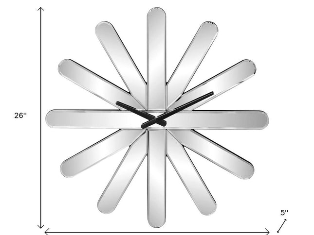 26" Silver Mirrored Glass Silent Analog Starburst Wall Clock