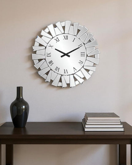 27" Silver Mirrored Glass Silent Analog Sunburst Wall Clock
