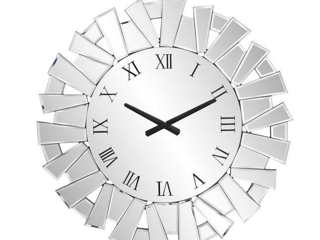 27" Silver Mirrored Glass Silent Analog Sunburst Wall Clock