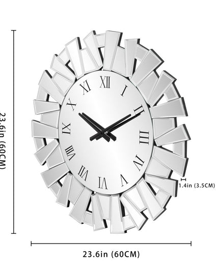 27" Silver Mirrored Glass Silent Analog Sunburst Wall Clock