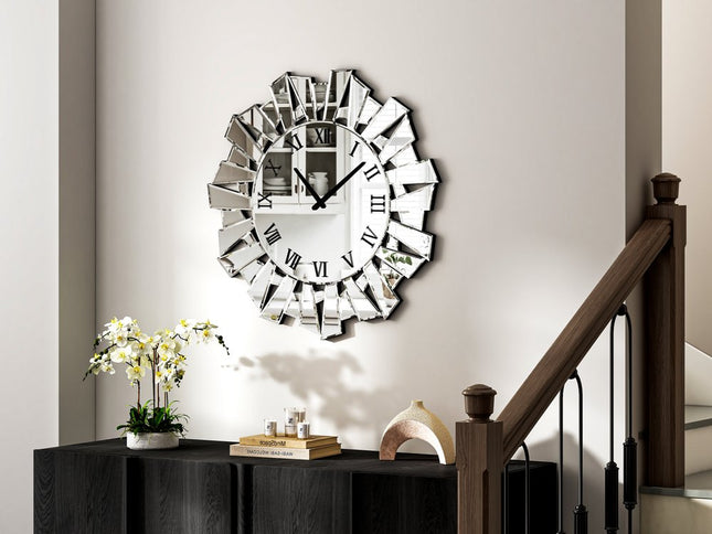 27" Silver Mirrored Glass Silent Analog Sunburst Wall Clock