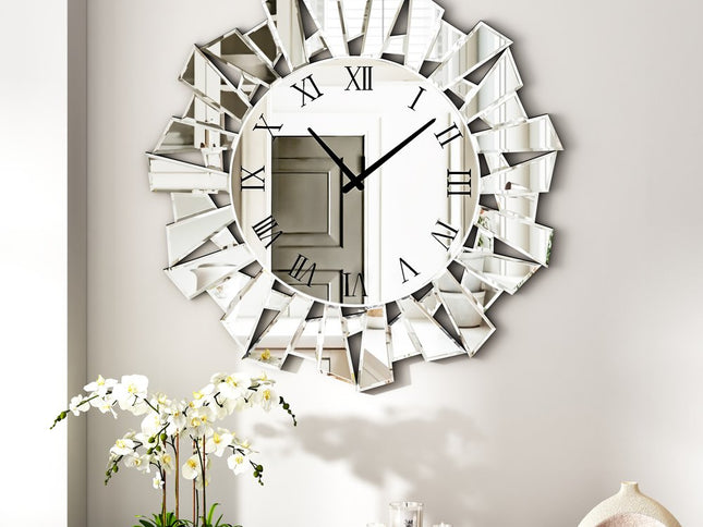 27" Silver Mirrored Glass Silent Analog Sunburst Wall Clock