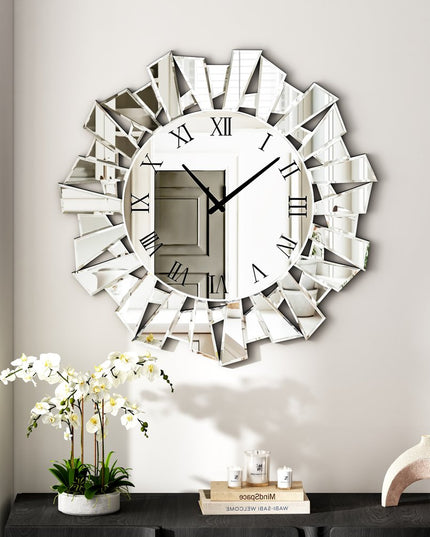 27" Silver Mirrored Glass Silent Analog Sunburst Wall Clock