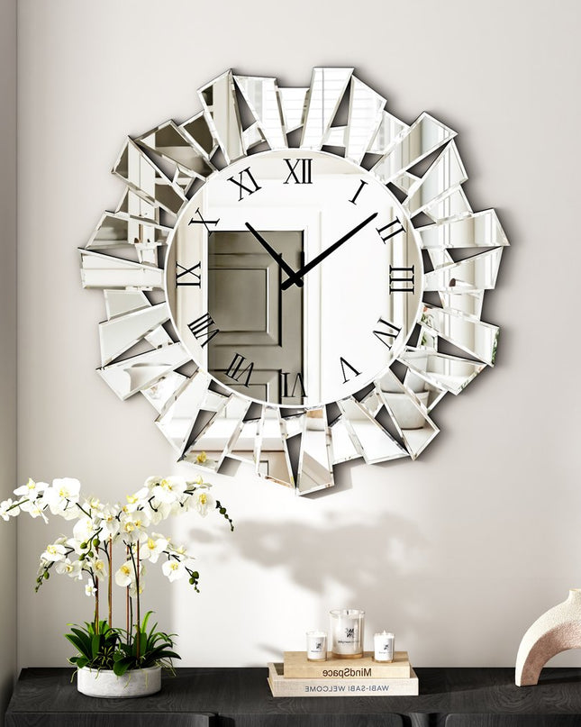 27" Silver Mirrored Glass Silent Analog Sunburst Wall Clock