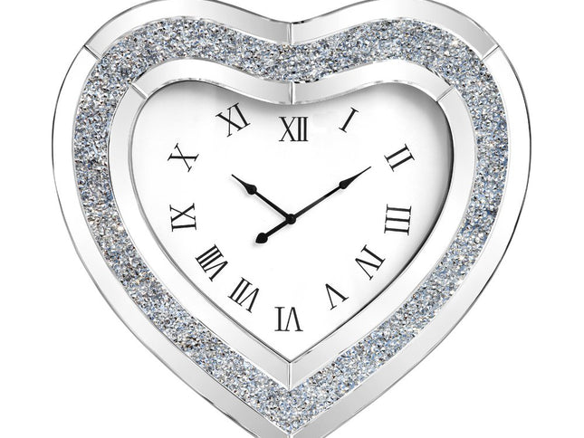 27" Silver Faux Crystal And Mirrored Glass Silent Analog Heart Wall Clock