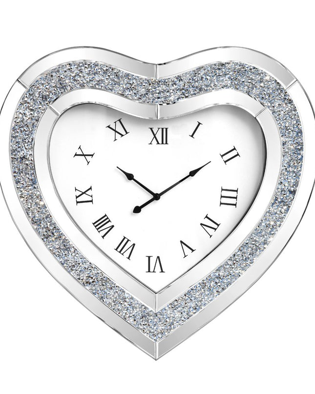 27" Silver Faux Crystal And Mirrored Glass Silent Analog Heart Wall Clock