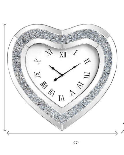 27" Silver Faux Crystal And Mirrored Glass Silent Analog Heart Wall Clock