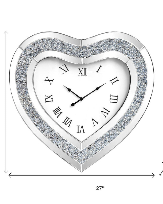 27" Silver Faux Crystal And Mirrored Glass Silent Analog Heart Wall Clock