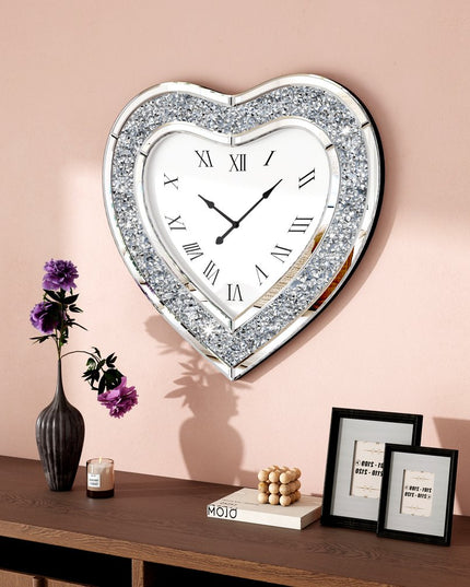 27" Silver Faux Crystal And Mirrored Glass Silent Analog Heart Wall Clock