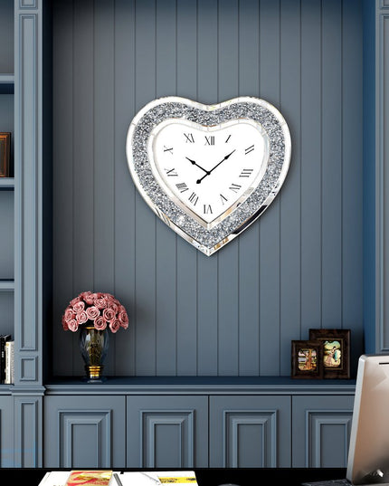 27" Silver Faux Crystal And Mirrored Glass Silent Analog Heart Wall Clock
