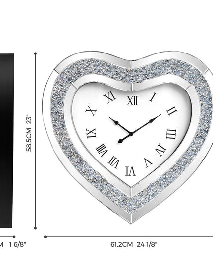 27" Silver Faux Crystal And Mirrored Glass Silent Analog Heart Wall Clock