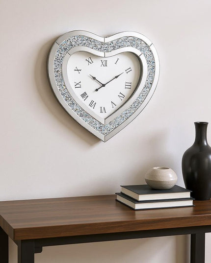 27" Silver Faux Crystal And Mirrored Glass Silent Analog Heart Wall Clock