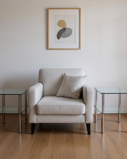 Set of Two Clear and Silver Glass and Metal Square End Tables With Shelf