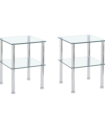 Set of Two Clear and Silver Glass and Metal Square End Tables With Shelf