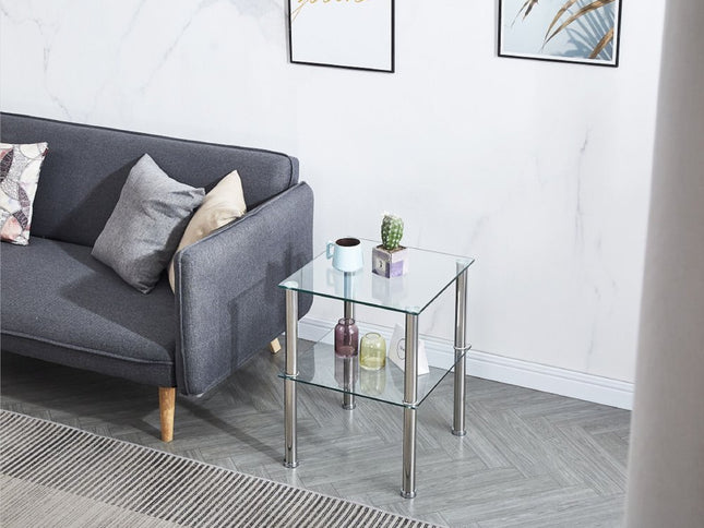 Set of Two Clear and Silver Glass and Metal Square End Tables With Shelf