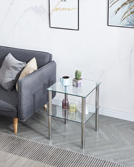 Set of Two Clear and Silver Glass and Metal Square End Tables With Shelf