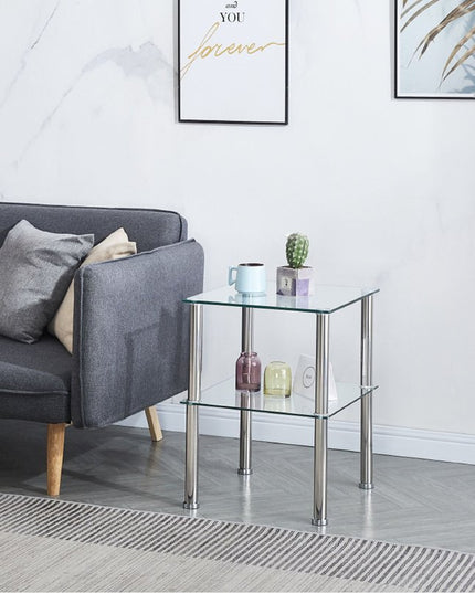 Set of Two Clear and Silver Glass and Metal Square End Tables With Shelf