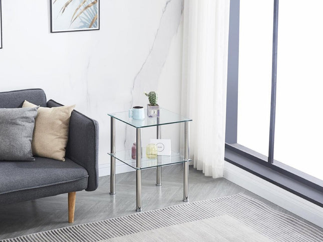 Set of Two Clear and Silver Glass and Metal Square End Tables With Shelf