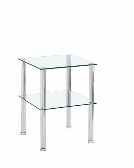 Set of Two Clear and Silver Glass and Metal Square End Tables With Shelf