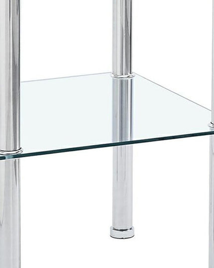 Set of Two Clear and Silver Glass and Metal Square End Tables With Shelf