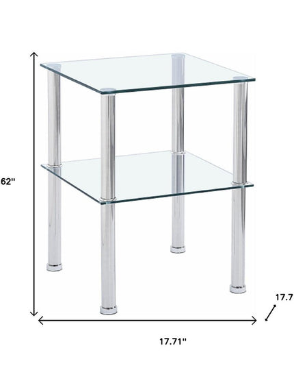 Set of Two Clear and Silver Glass and Metal Square End Tables With Shelf