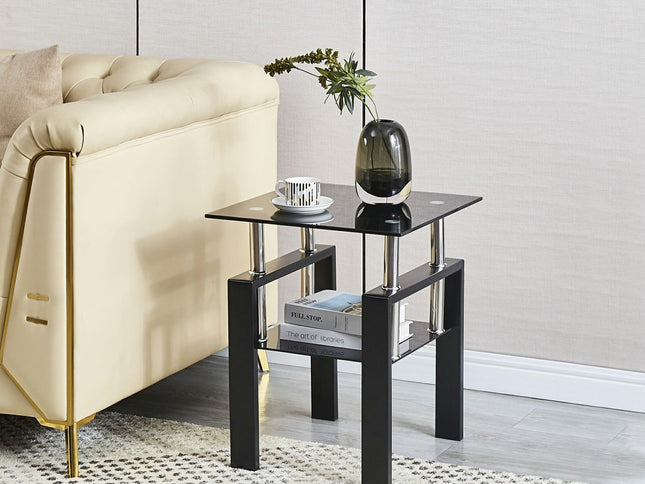 Black Glass and Metal Square End Tables With Shelf