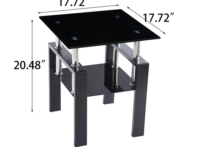 Black Glass and Metal Square End Tables With Shelf
