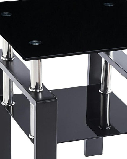 Black Glass and Metal Square End Tables With Shelf
