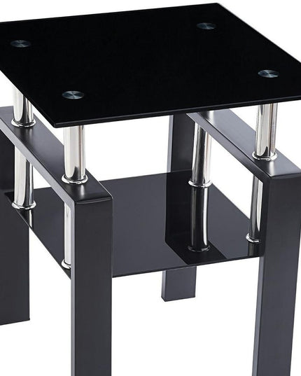 Black Glass and Metal Square End Tables With Shelf