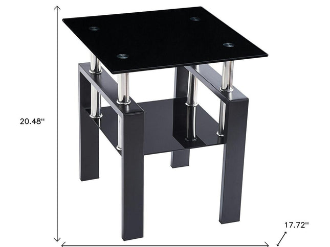 Black Glass and Metal Square End Tables With Shelf