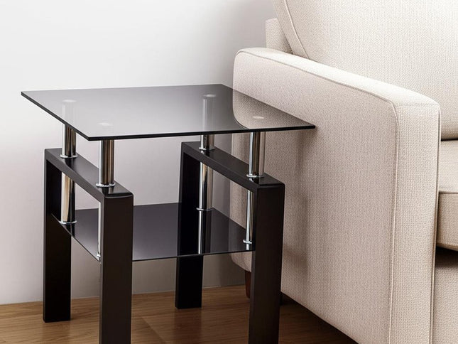 Black Glass and Metal Square End Tables With Shelf