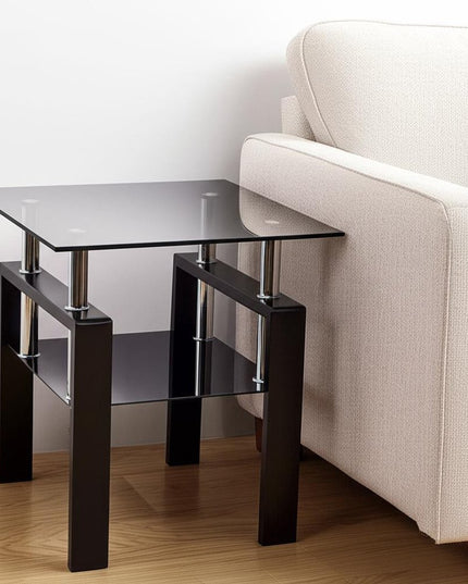 Black Glass and Metal Square End Tables With Shelf