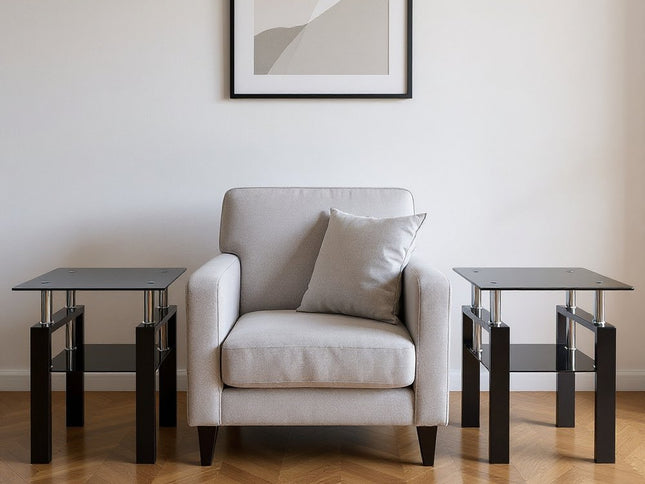 Set of Two Black Glass and Metal Square End Tables With Shelf
