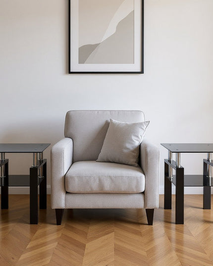 Set of Two Black Glass and Metal Square End Tables With Shelf
