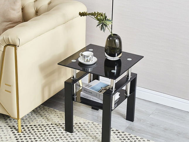 Set of Two Black Glass and Metal Square End Tables With Shelf