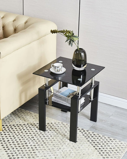 Set of Two Black Glass and Metal Square End Tables With Shelf