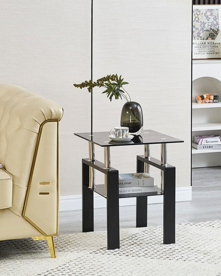 Set of Two Black Glass and Metal Square End Tables With Shelf