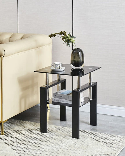 Set of Two Black Glass and Metal Square End Tables With Shelf