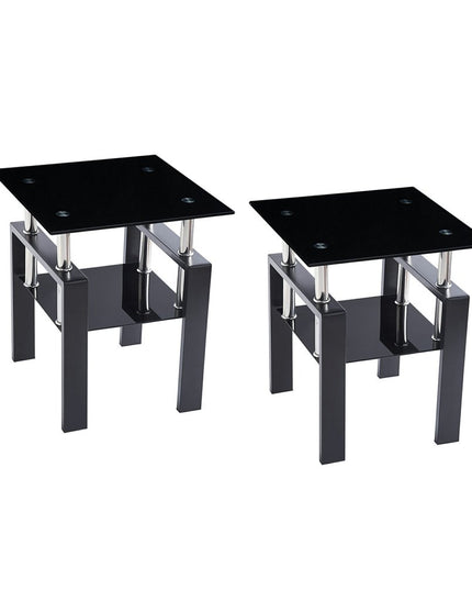 Set of Two Black Glass and Metal Square End Tables With Shelf