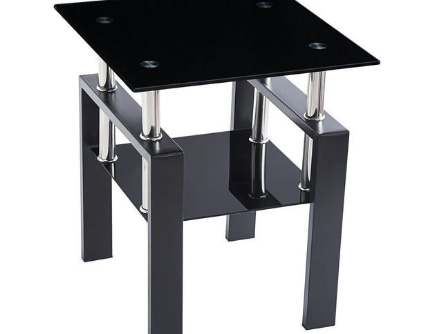 Set of Two Black Glass and Metal Square End Tables With Shelf