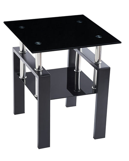Set of Two Black Glass and Metal Square End Tables With Shelf