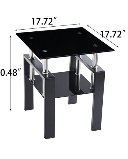 Set of Two Black Glass and Metal Square End Tables With Shelf