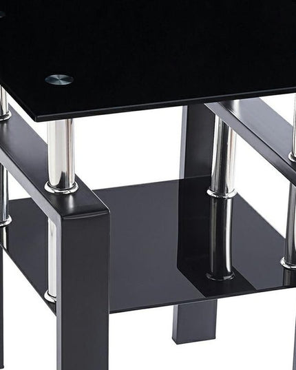 Set of Two Black Glass and Metal Square End Tables With Shelf