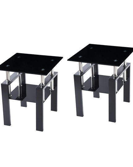 Set of Two Black Glass and Metal Square End Tables With Shelf