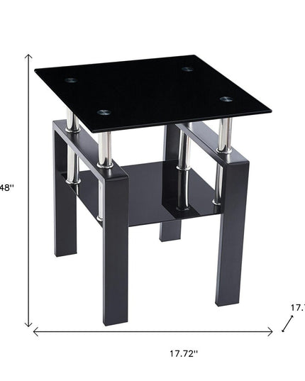 Set of Two Black Glass and Metal Square End Tables With Shelf