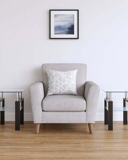 Clear and Black Glass and Metal Square End Tables With Shelf