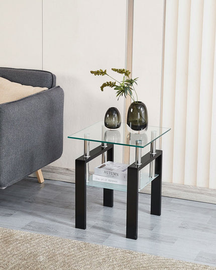 Clear and Black Glass and Metal Square End Tables With Shelf