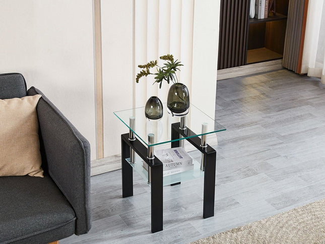 Clear and Black Glass and Metal Square End Tables With Shelf